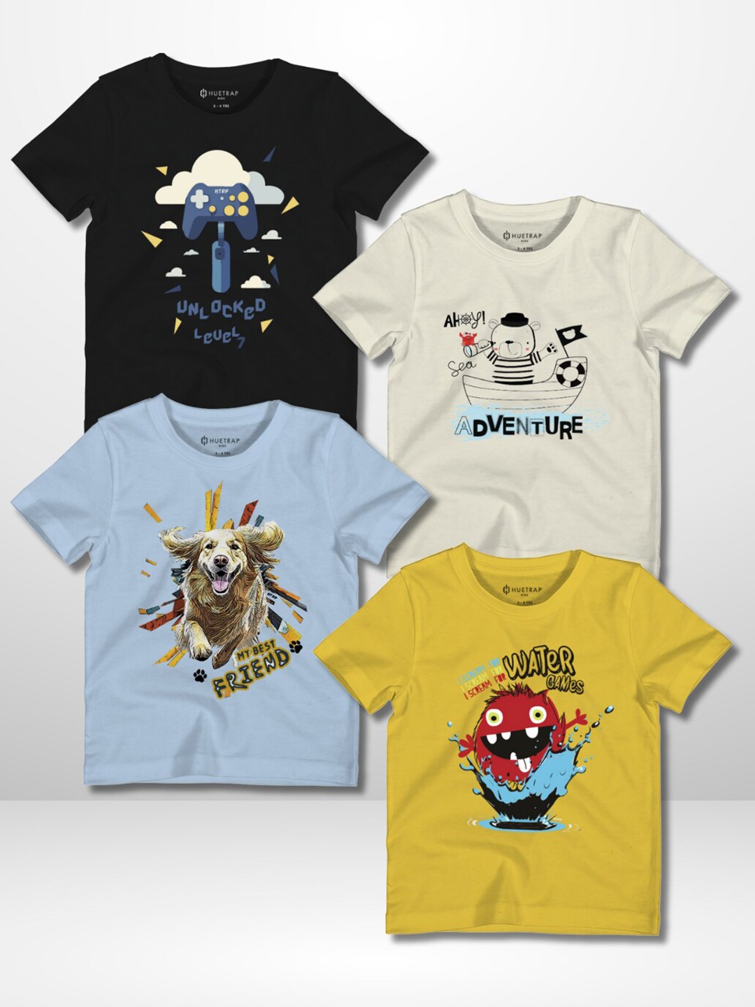 

Huetrap Boys Pack Of 4 Graphic Printed Applique T-shirt, Black
