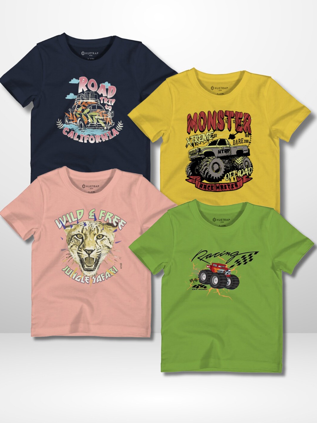 

Huetrap Boys Pack Of 4 Graphic Printed Cotton Round Neck Applique Casual T-shirts, Navy blue