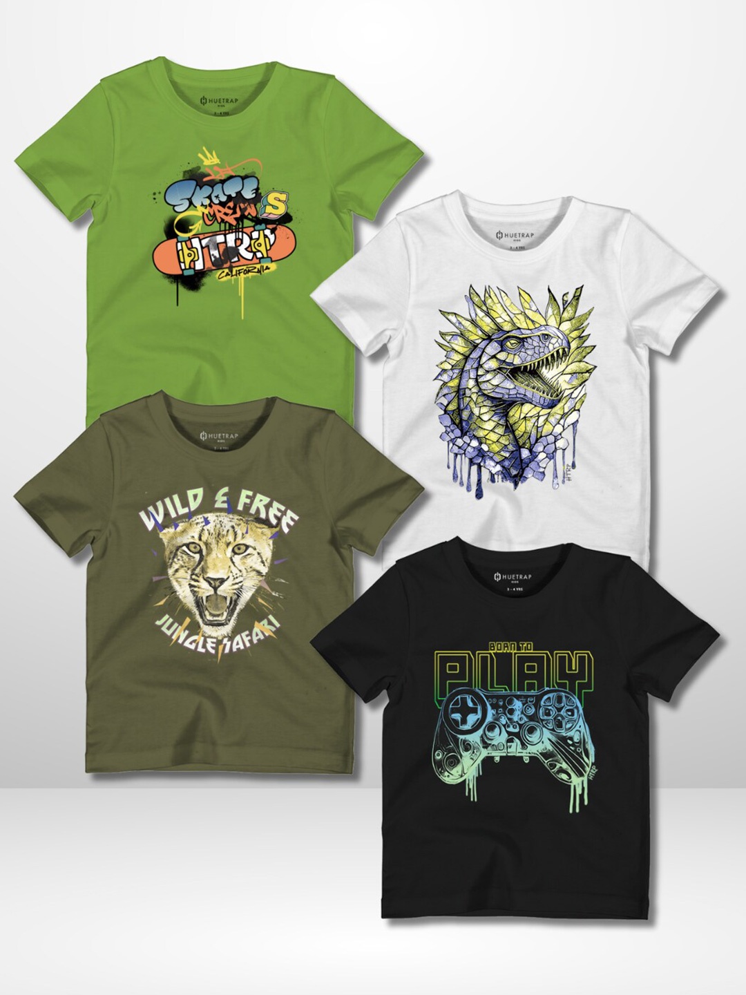 

Huetrap Boys Pack Of 4 Typography Printed Applique T-shirt, Green