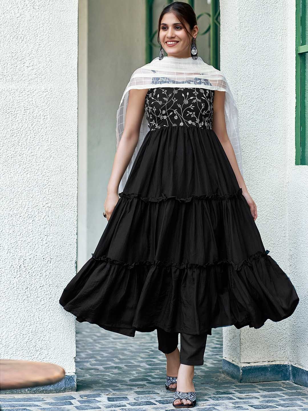 

KALINI Floral Embroidered Empire Thread Work Kurta with Trousers & Dupatta, Black