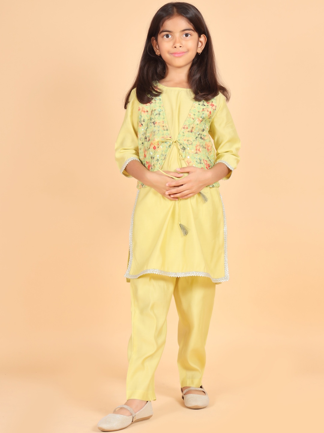 

BAESD Girls Embroidered Regular Gotta Patti Kurta With Pyjamas & Jacket, Yellow