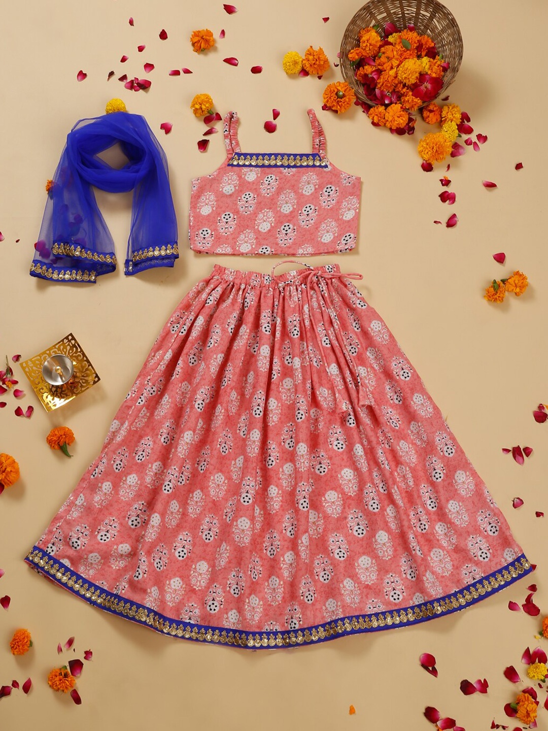 

SAKA DESIGNS Girls Printed Sequinned Ready to Wear Lehenga & Blouse With Dupatta, Peach