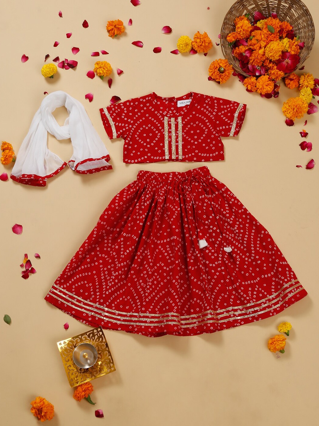 

SAKA DESIGNS Girls Geometric Printed Ready to Wear Lehenga & Blouse With Dupatta, Red