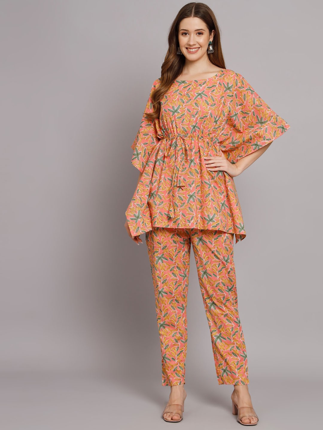 

Vastralay Floral Printed Pure Cotton Tunic With Trousers Co-Ords, Peach