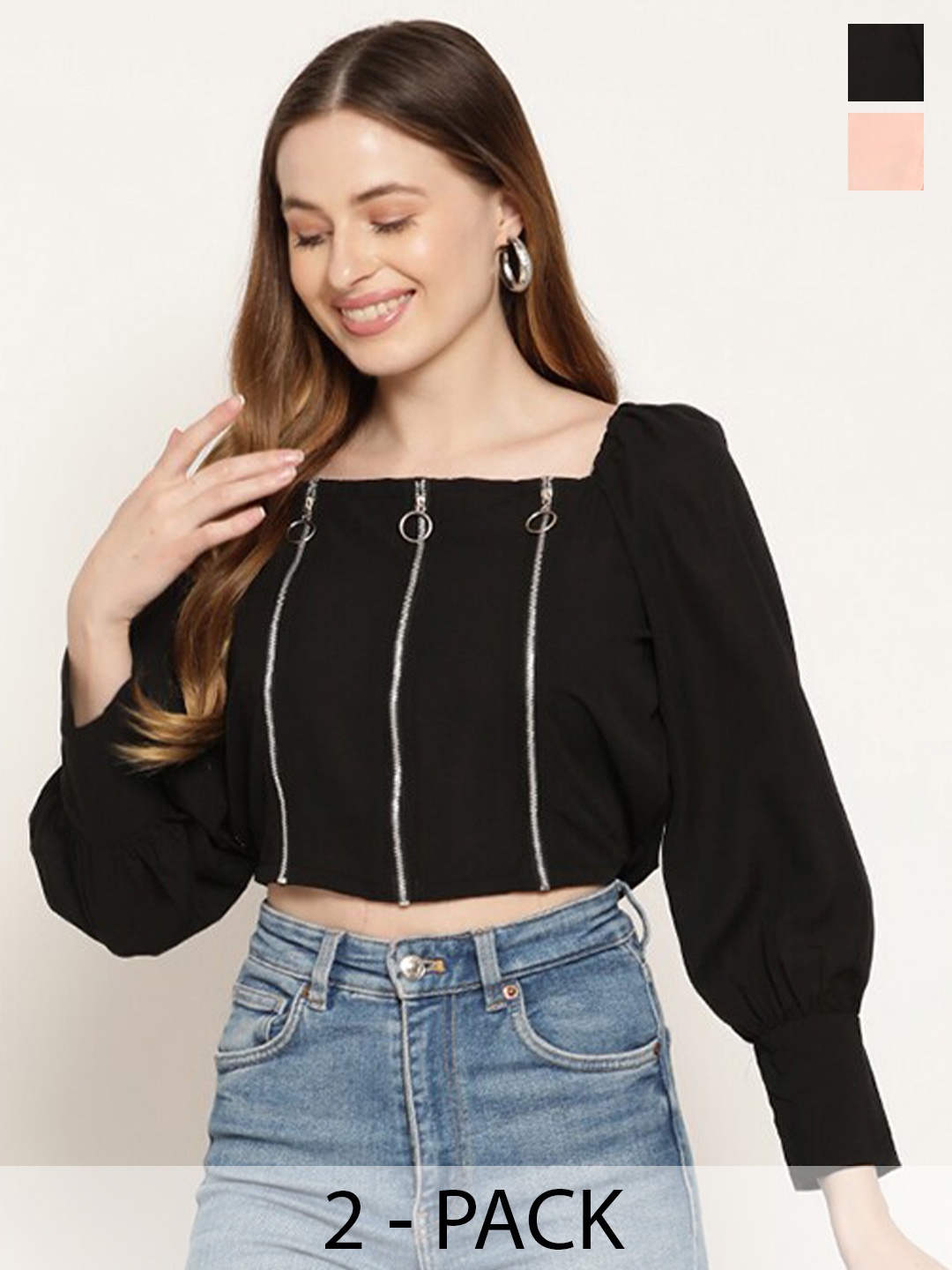 

Miaz Lifestyle Pack Of 2 Puff Sleeve Crop Top, Black