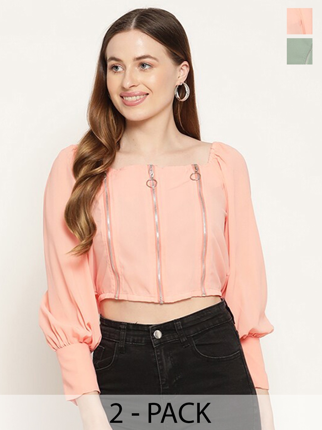 

Miaz Lifestyle Pack Of 2 Puff Sleeve Crop Top, Peach