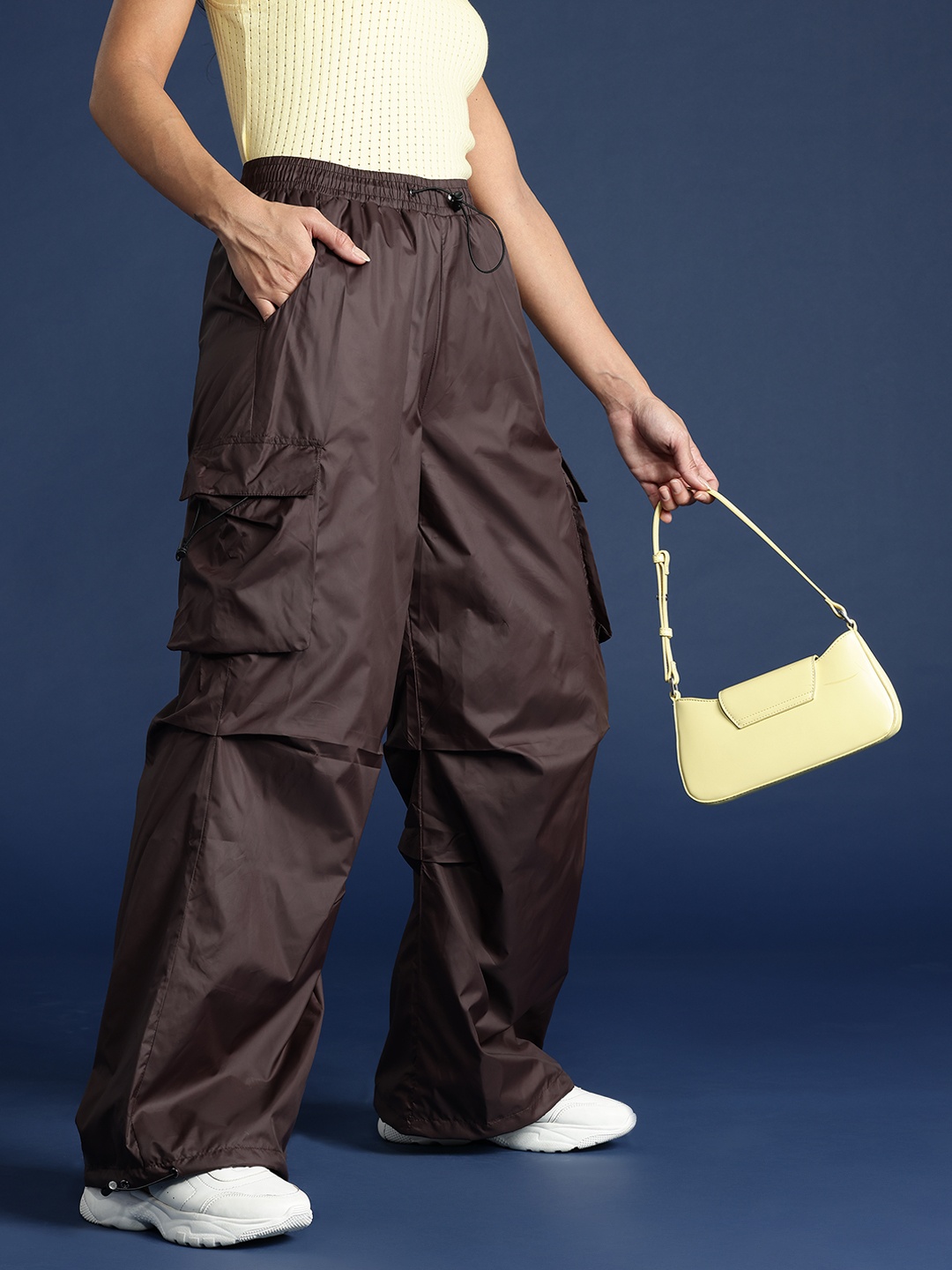 

Mast & Harbour Women Loose Fit Pleated Cargos Trousers, Coffee brown