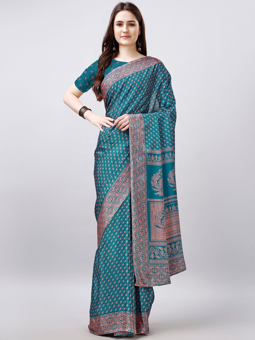

VIRICA Floral Printed Satin Saree, Blue