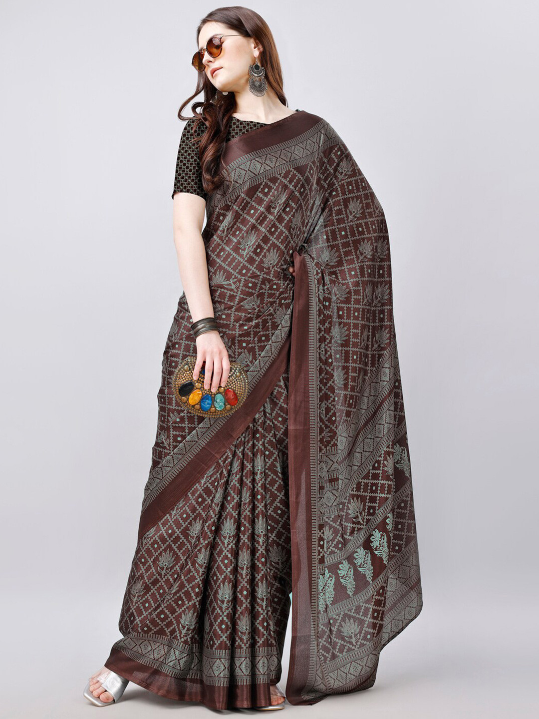 

VIRICA Floral Printed Satin Saree, Brown