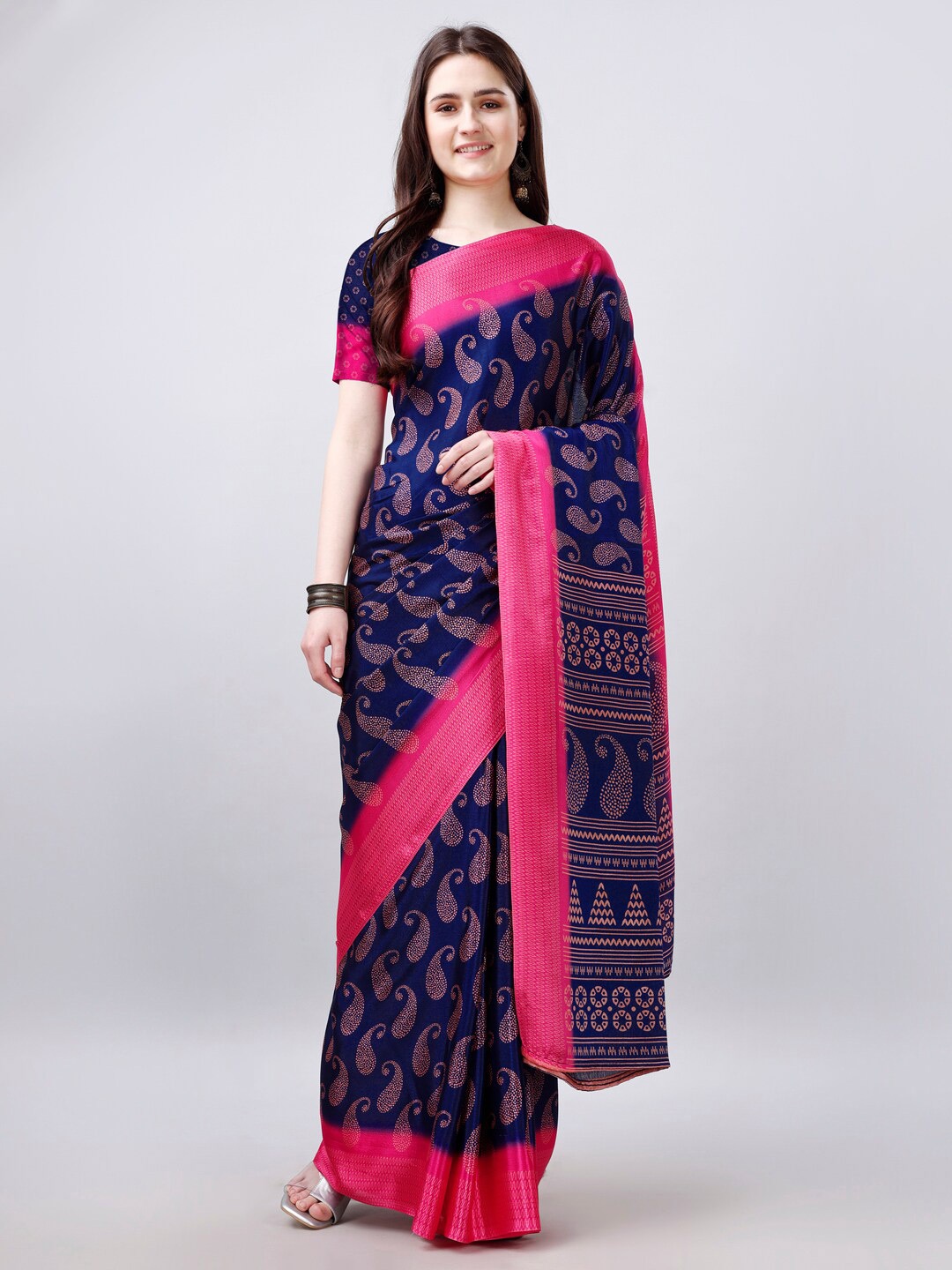 

VIRICA Floral Printed Satin Saree, Navy blue