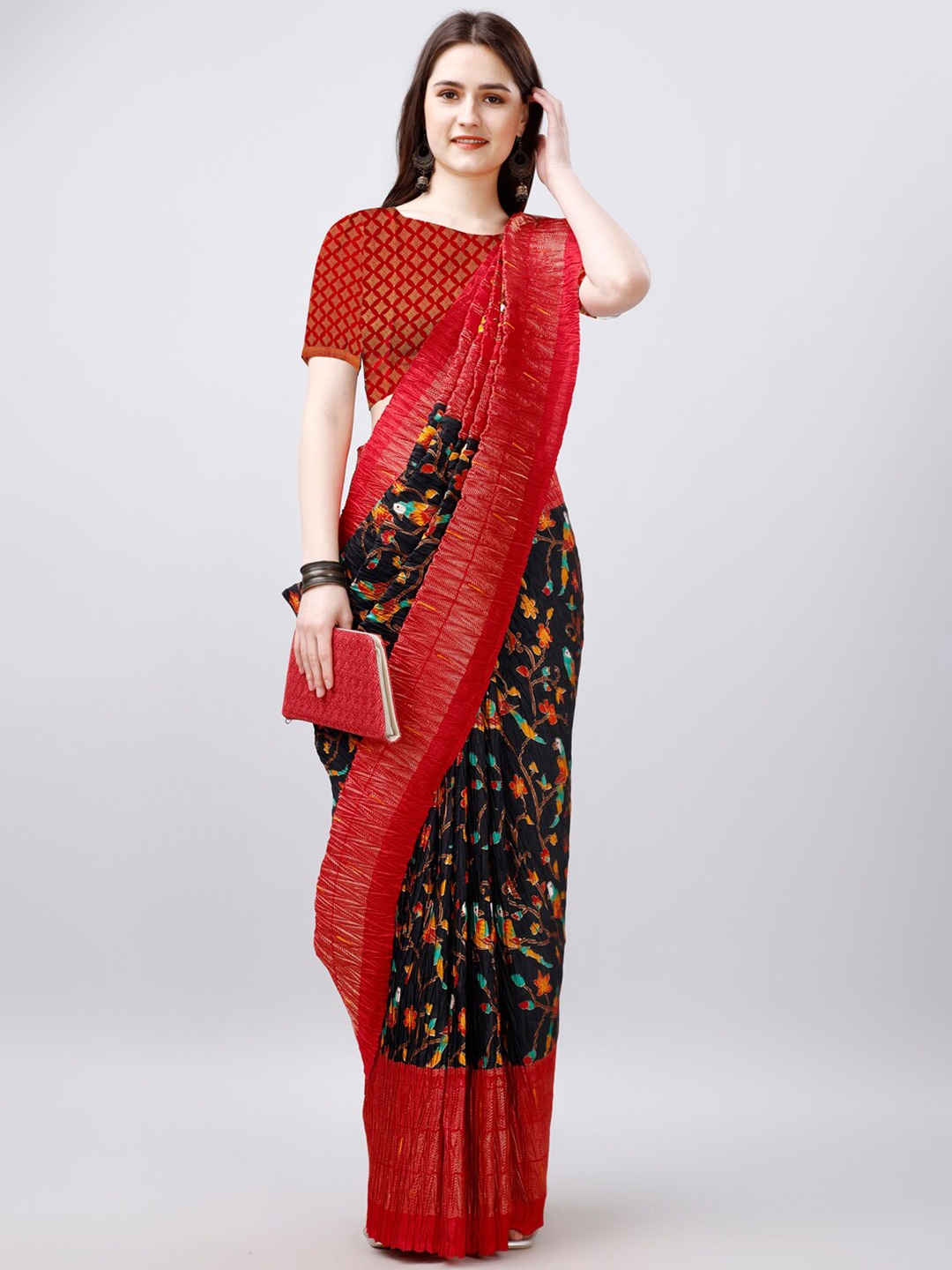 

VIRICA Floral Printed Pure Chiffon Saree, Red