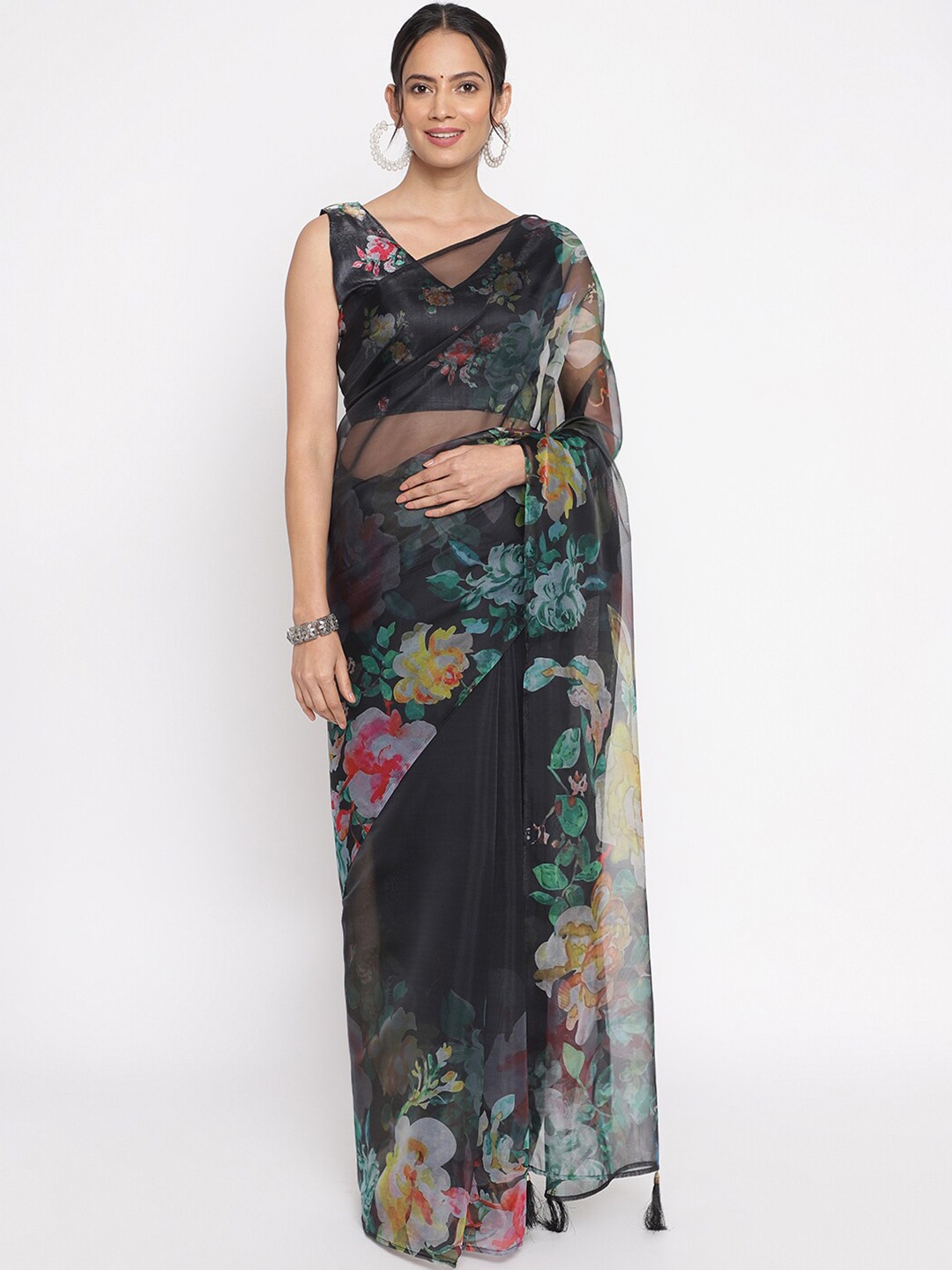 

VIRICA Floral Printed Organza Saree, Black