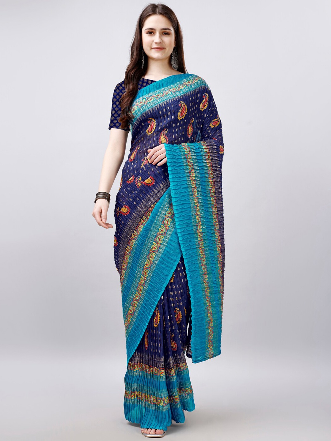 

VIRICA Paisley Printed Pure Chiffon Saree, Blue