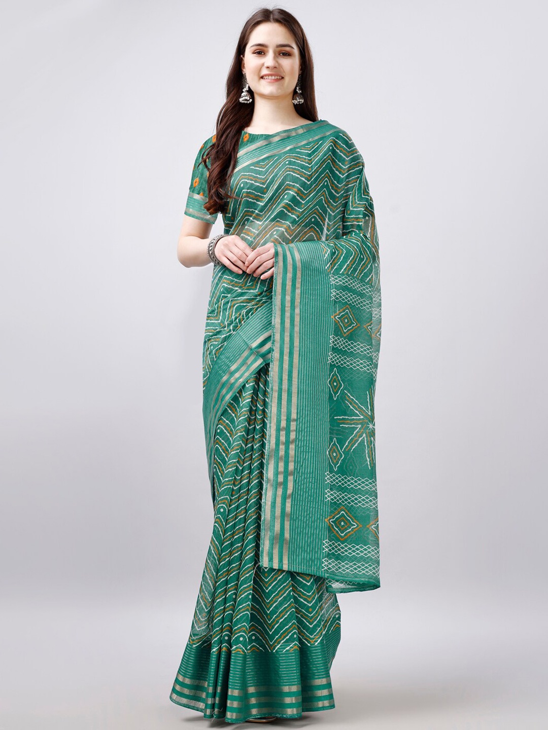 

VIRICA Bandhani Printed Striped Zari Cotton Saree, Green