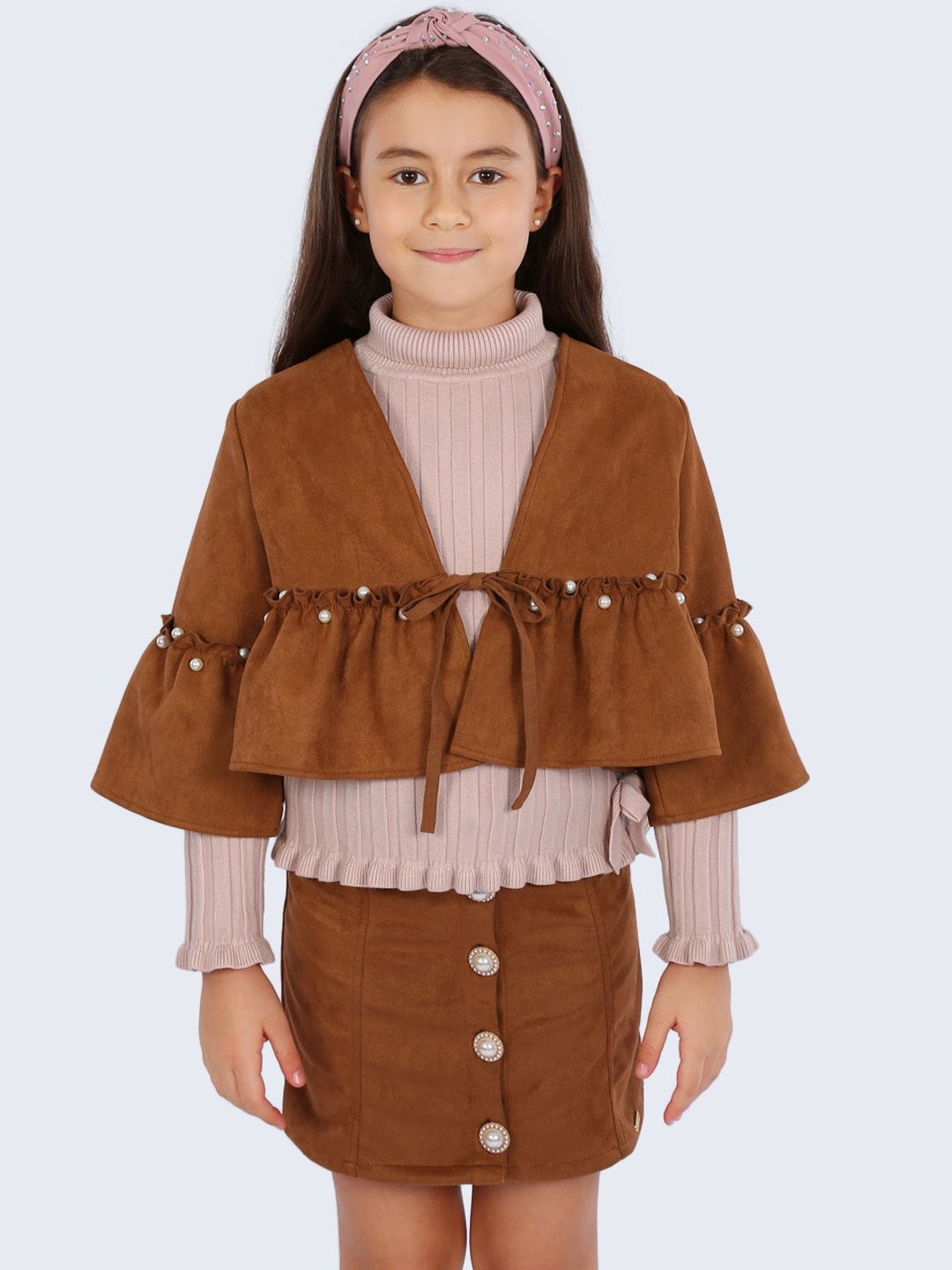 

One Friday Girls Pearl-Studded Knee-Length A-Line Skirt, Brown