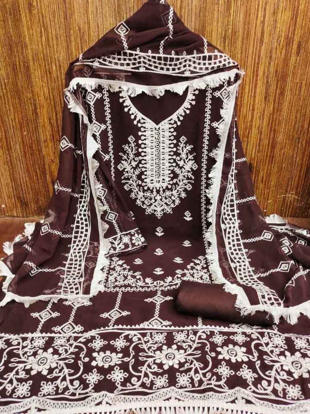 

faxofab Embroidered Unstitched Dress Material, Brown