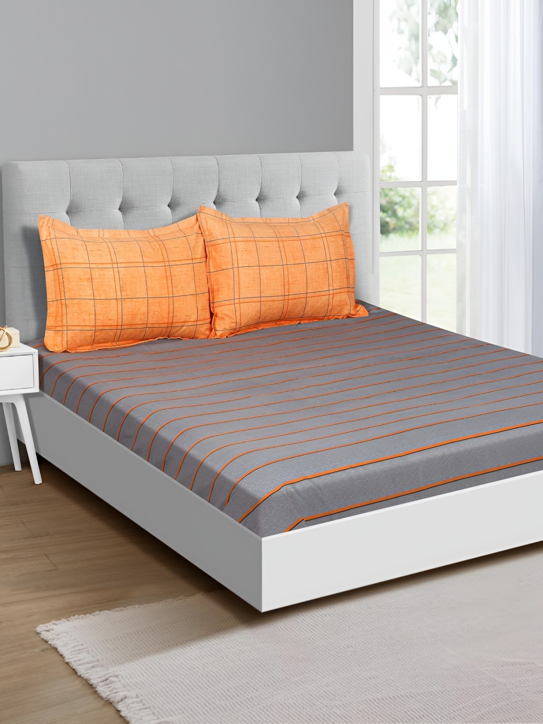 

Signature Grey & Orange Striped Printed 150 TC Queen Bedsheet With 2 Pillow Covers