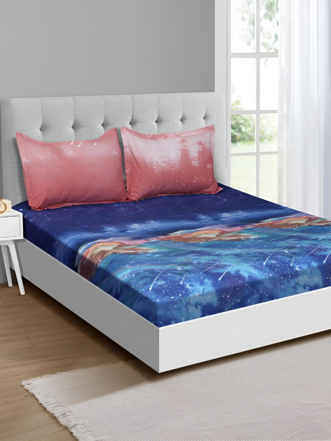 

Signature Blue & Pink Abstract Printed 150 TC Queen Bedsheet with 2 Pillow Covers