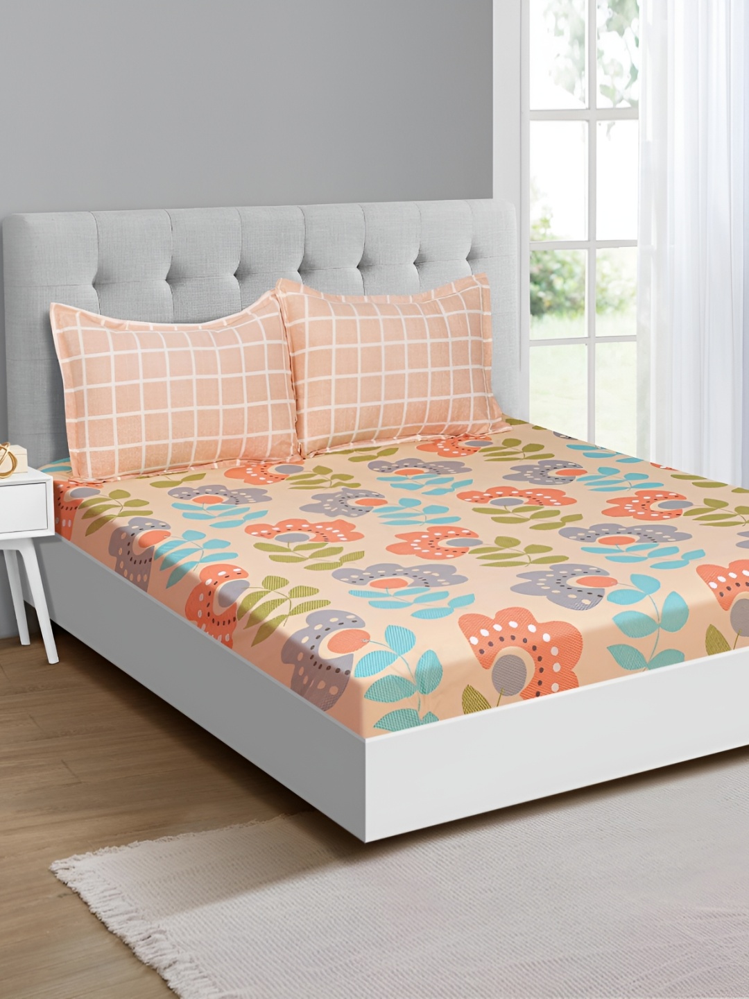 

Signature Peach & Blue Floral 150 TC Queen Bedsheet with 2 Pillow Covers