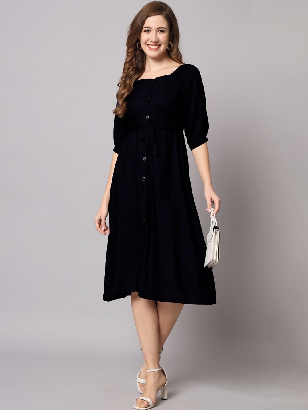 

Vastralay Square Neck Puff Sleeves A-Line Midi Dress With Belt, Black