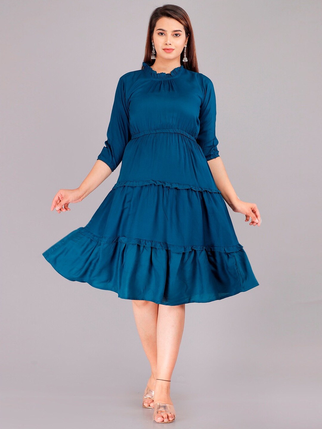 

Vastralay High Neck Puff Sleeves Tiered Detail Fit & Flare Dress, Teal