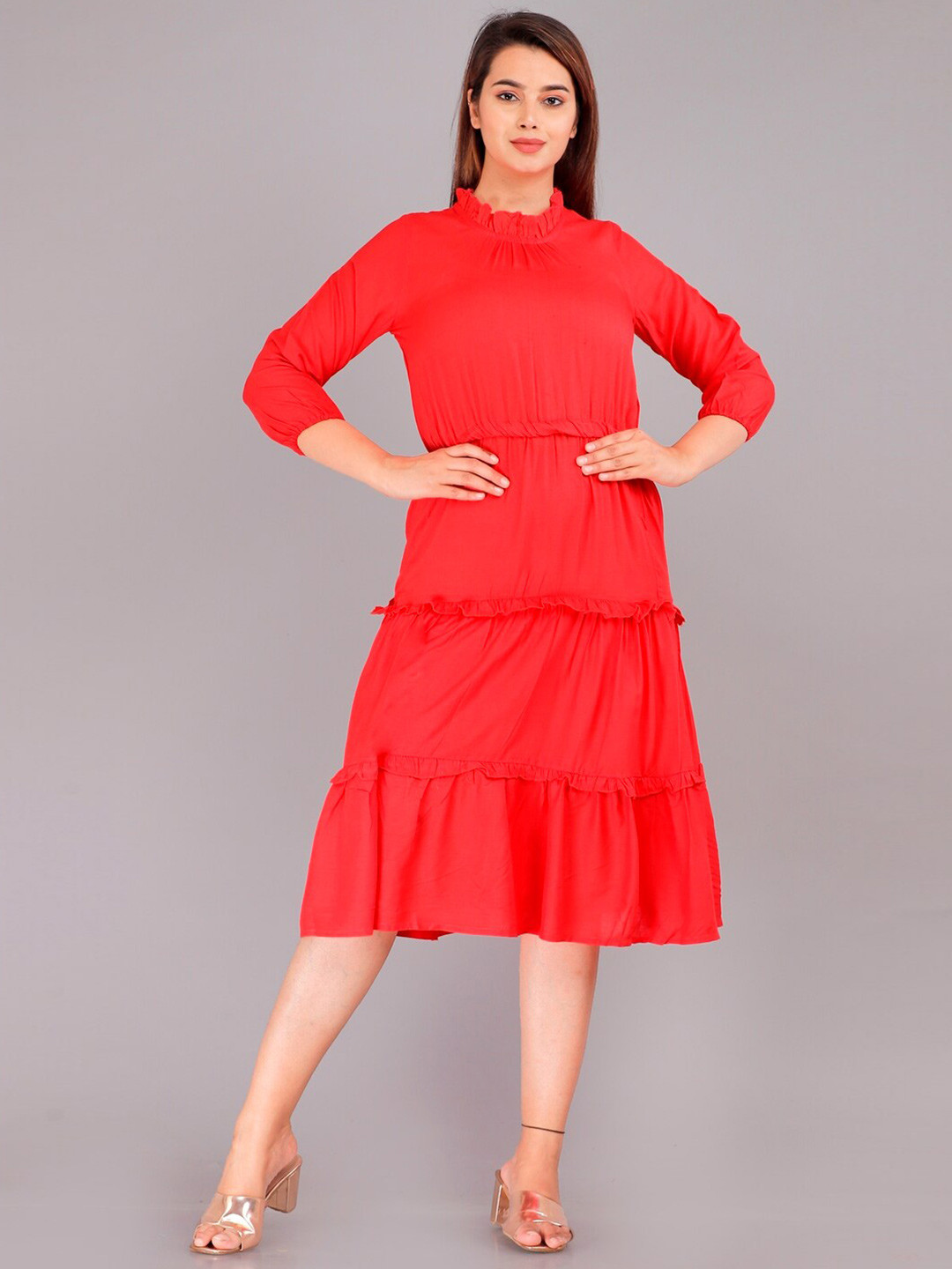 

Vastralay High Neck Cuffed Sleeves Tiered Detail Fit & Flare Dress, Coral