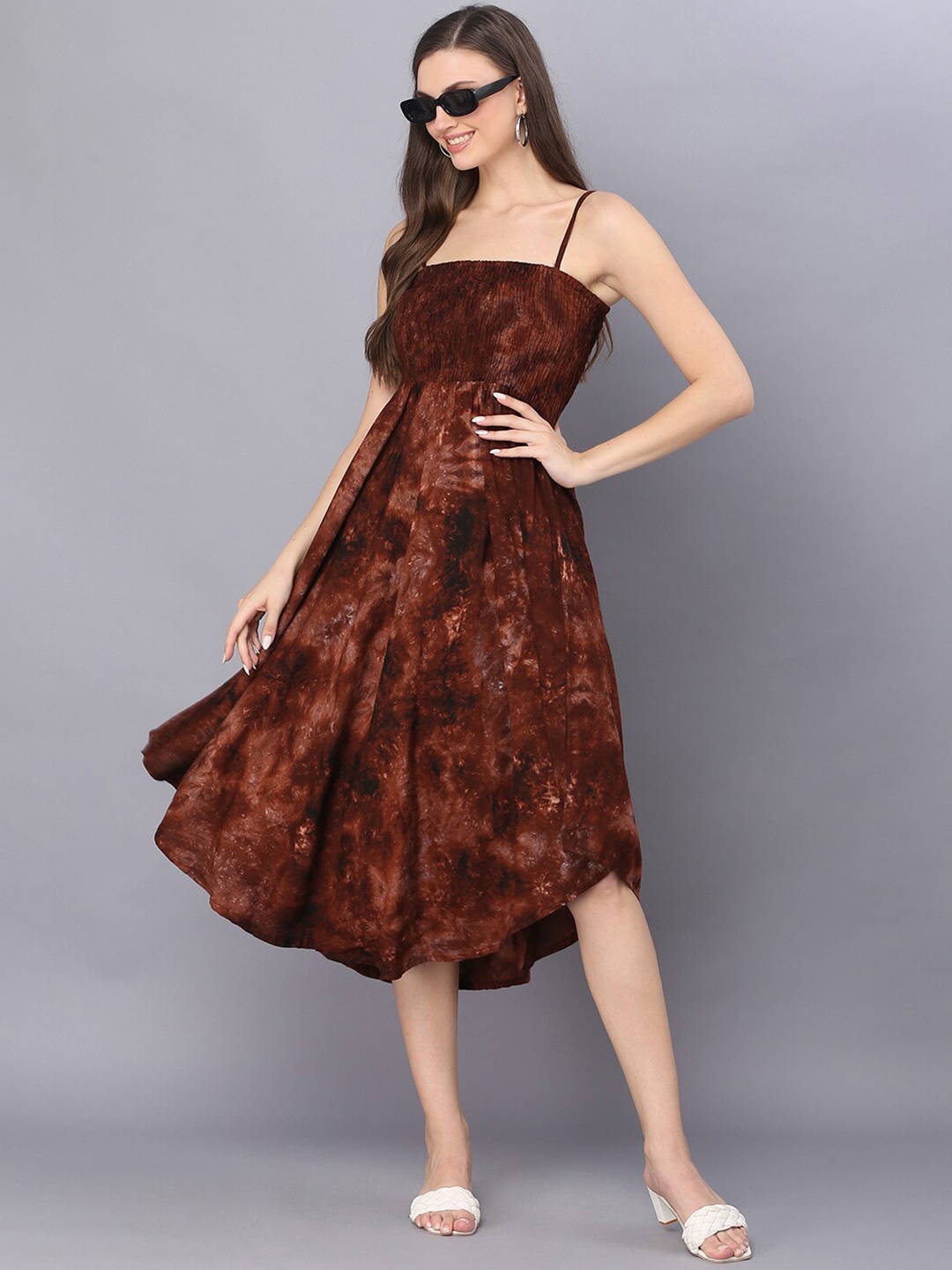 

Vastralay Floral Printed Shoulder Straps Smocked Detail Empire Midi Dress, Brown
