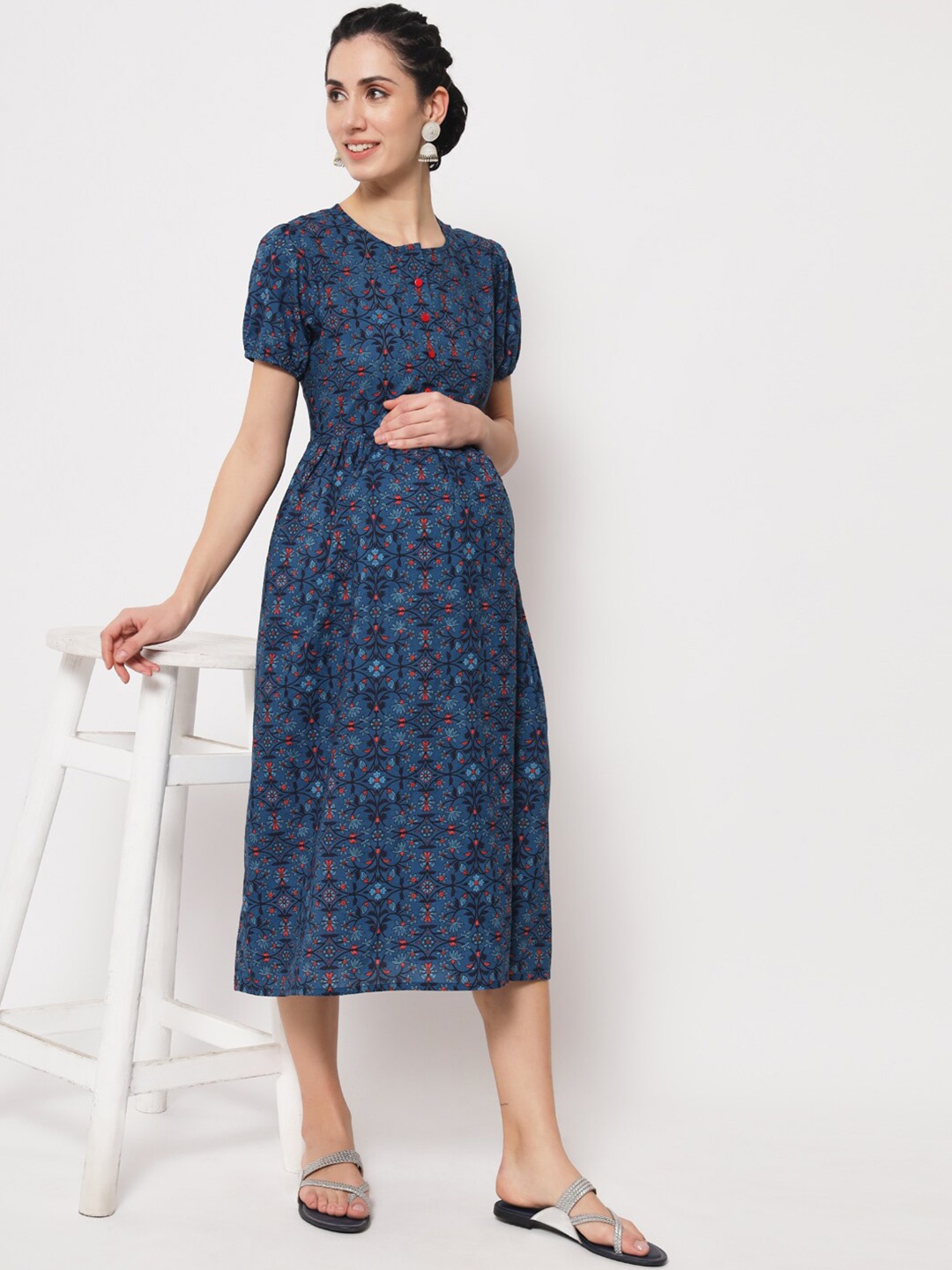 

Vastralay Maternity Floral Printed Cotton A-Line Midi Dress, Navy blue