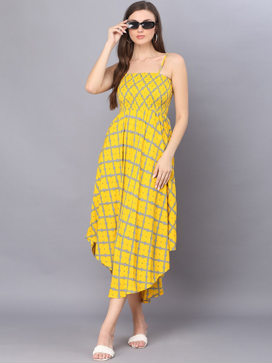 

Vastralay Geometric Printed Shoulder Straps Smocked Fit & Flare Midi Dress, Yellow