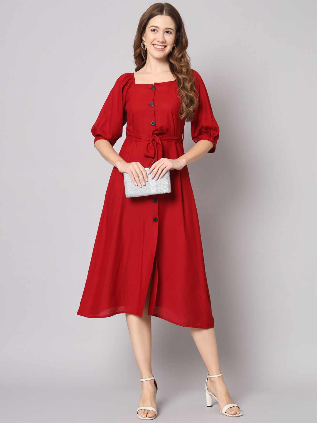 

Vastralay Square Neck Fit & Flare Midi Dress, Maroon