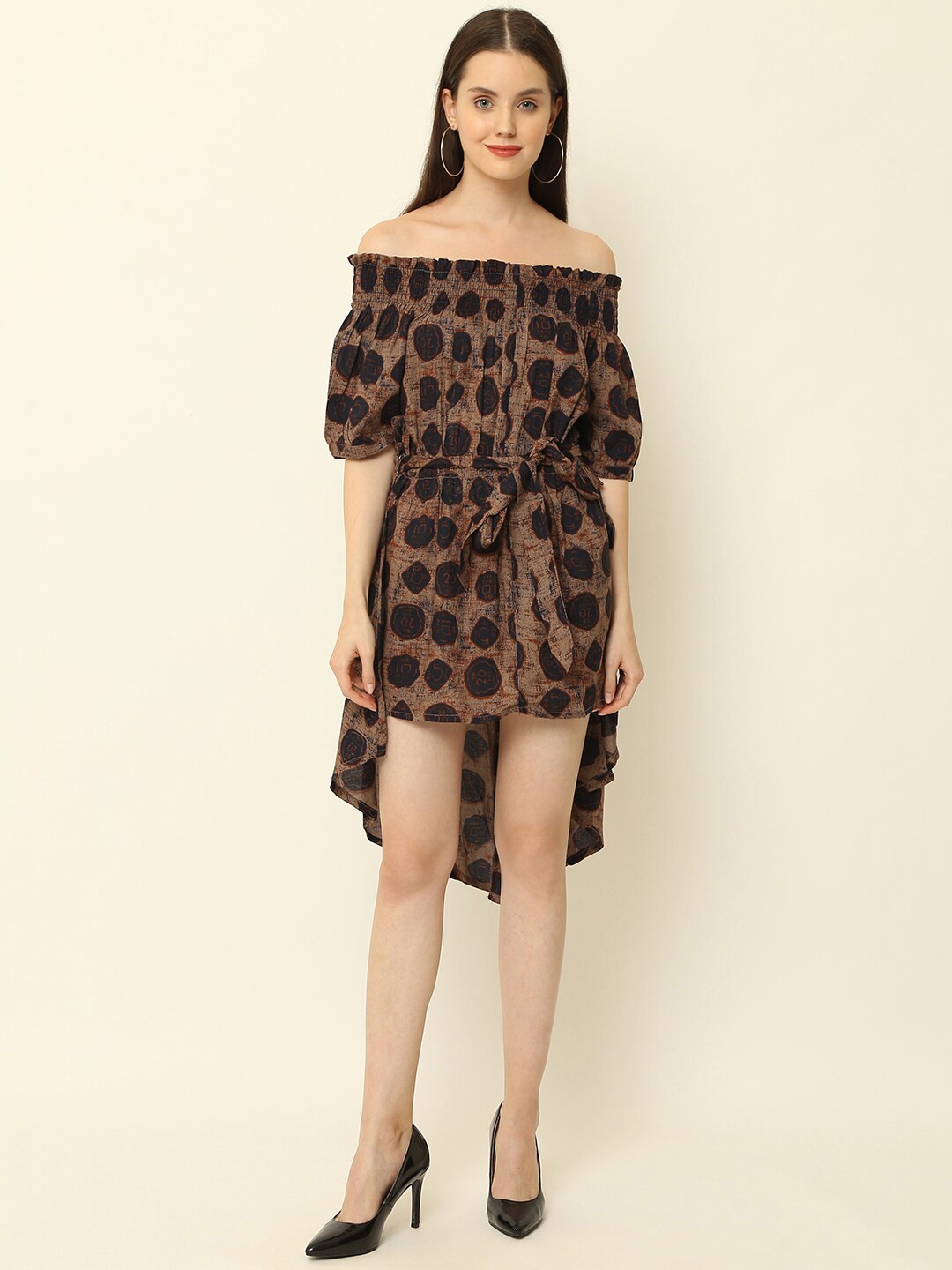 

Vastralay Typography Printed Off-Shoulder A-Line Dress, Brown