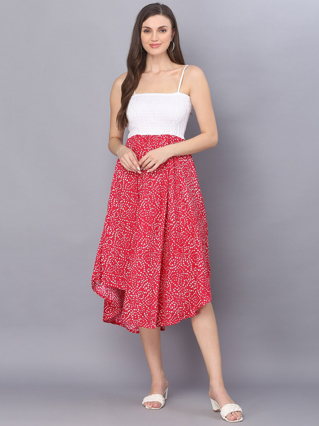 

Vastralay Geometric Printed Fit And Flare Midi Dress, Pink