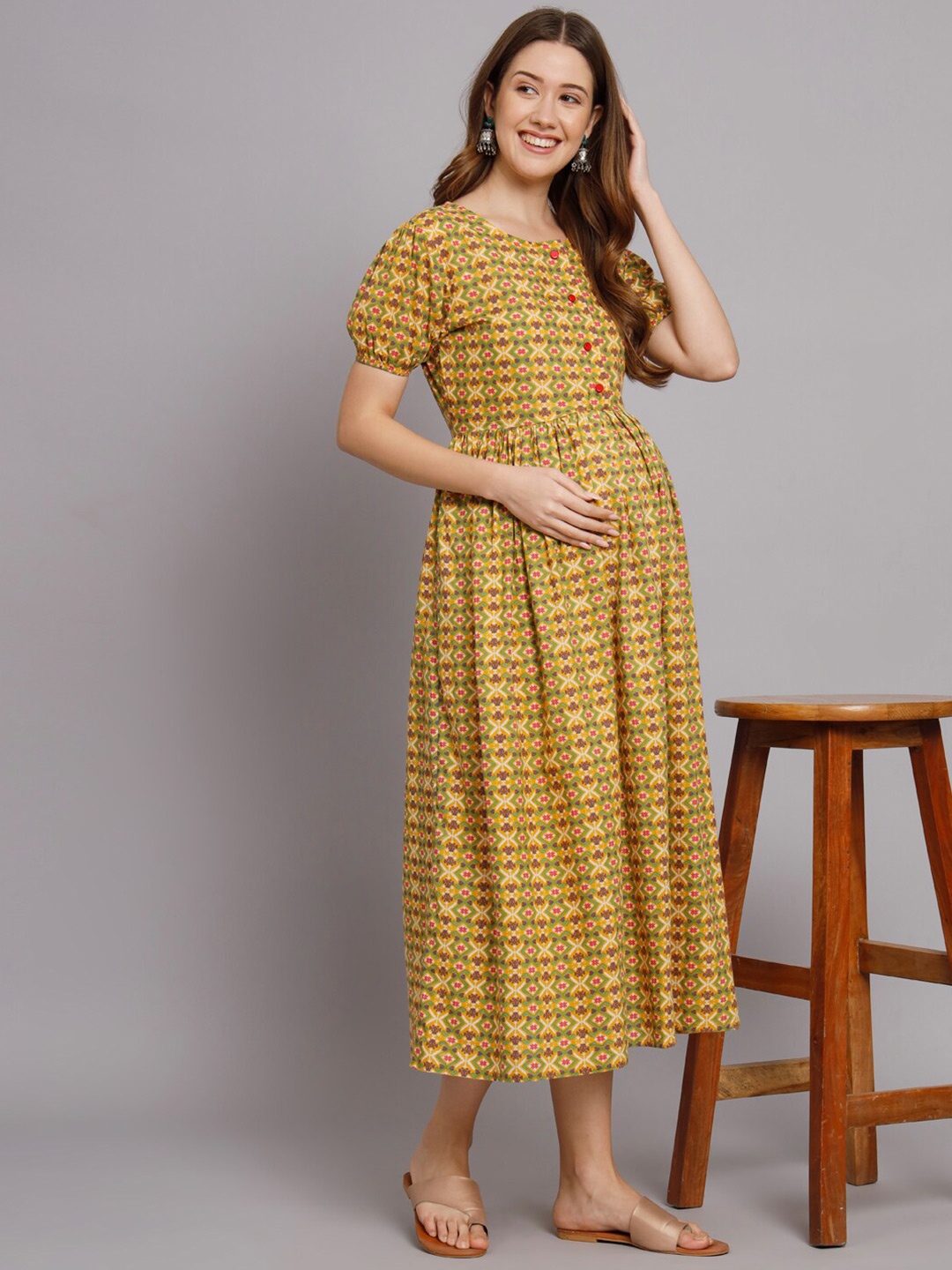 

Vastralay Geometric Printed Maternity Cotton A-Line Midi Dress, Yellow