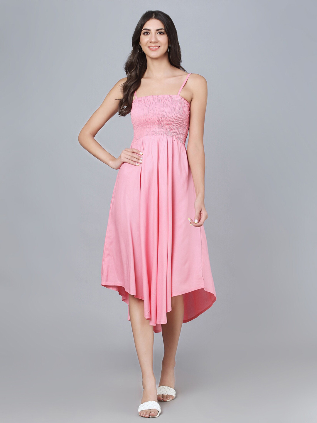 

Vastralay Shoulder Straps Smocked Fit & Flare Midi Dress, Pink