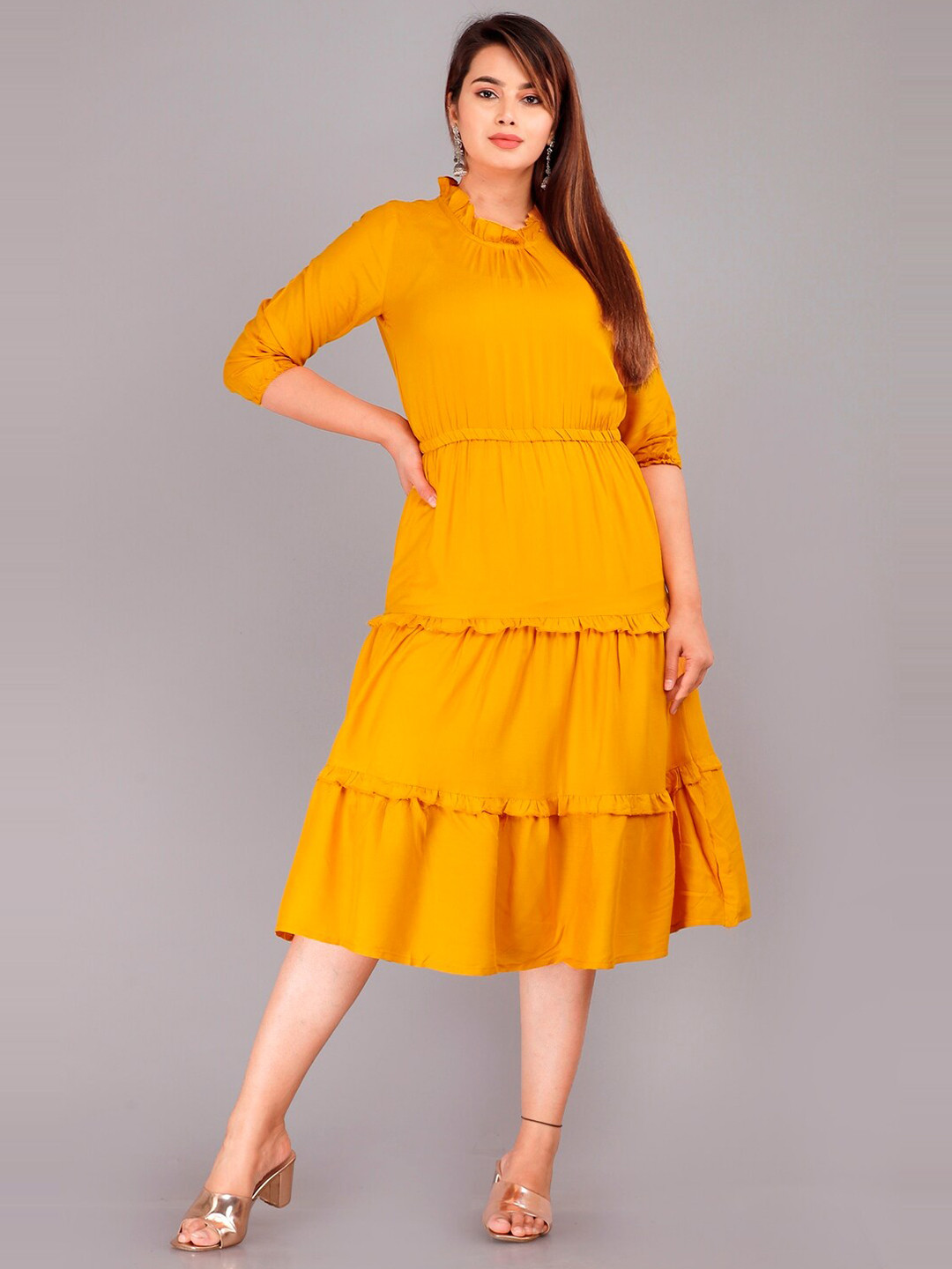 

Vastralay Tiered Ruffled Fit & Flare Midi Dress, Mustard