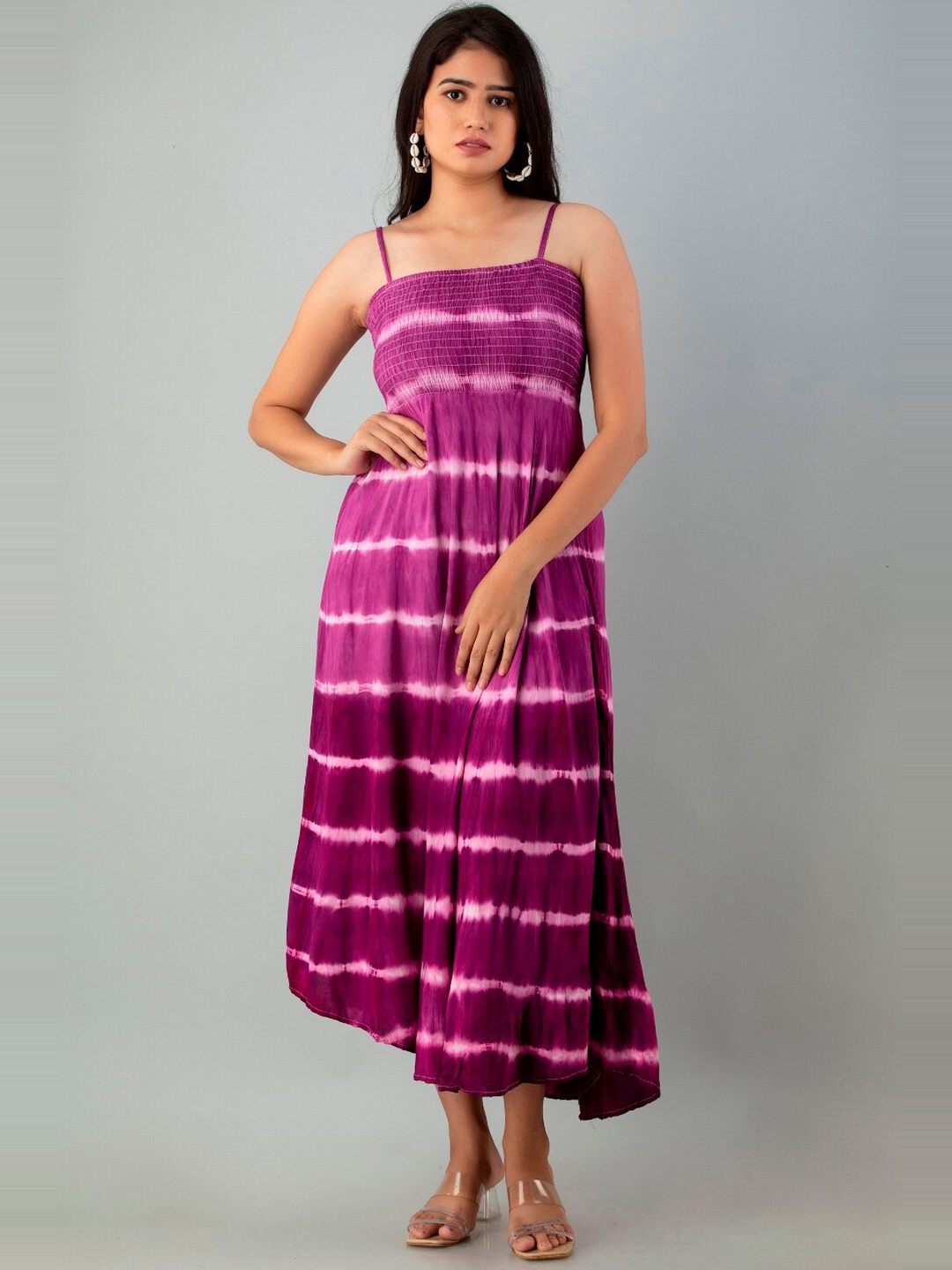 

Vastralay Striped Printed Smocked Fit & Flare Midi Holi Dress, Purple