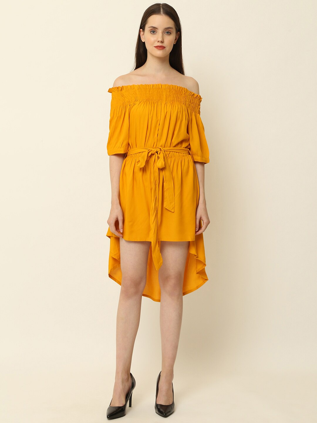 

Vastralay Off Shoulder Fit and Flare Dress, Mustard
