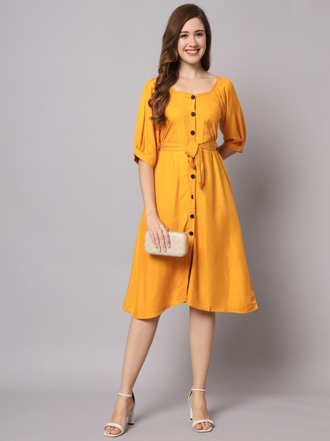 

Vastralay Square Neck Puff Sleeve A-Line Midi Dress With Belt, Mustard