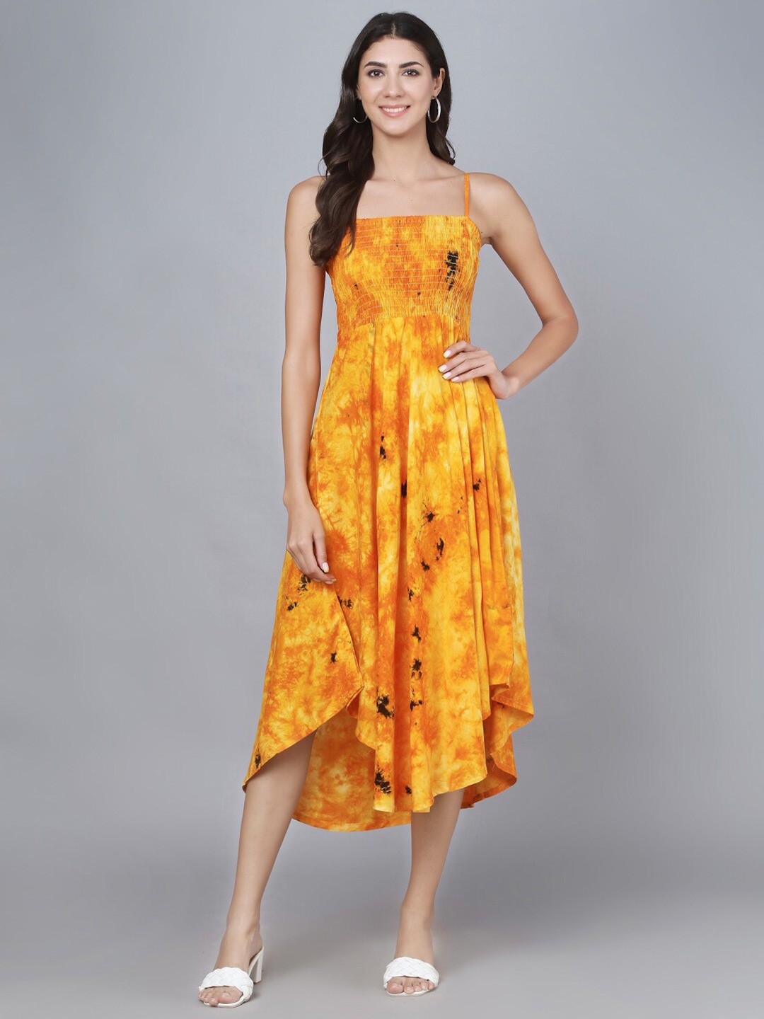 

Vastralay Abstract Printed Smocked Fit & Flare Midi Dress, Yellow