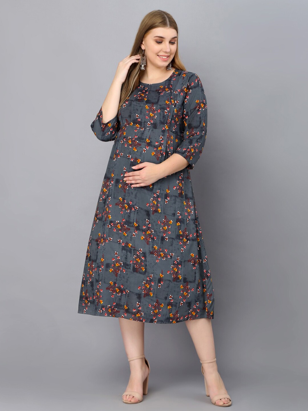 

Vastralay Floral Print Maternity A-Line Midi Feeding Dress, Grey
