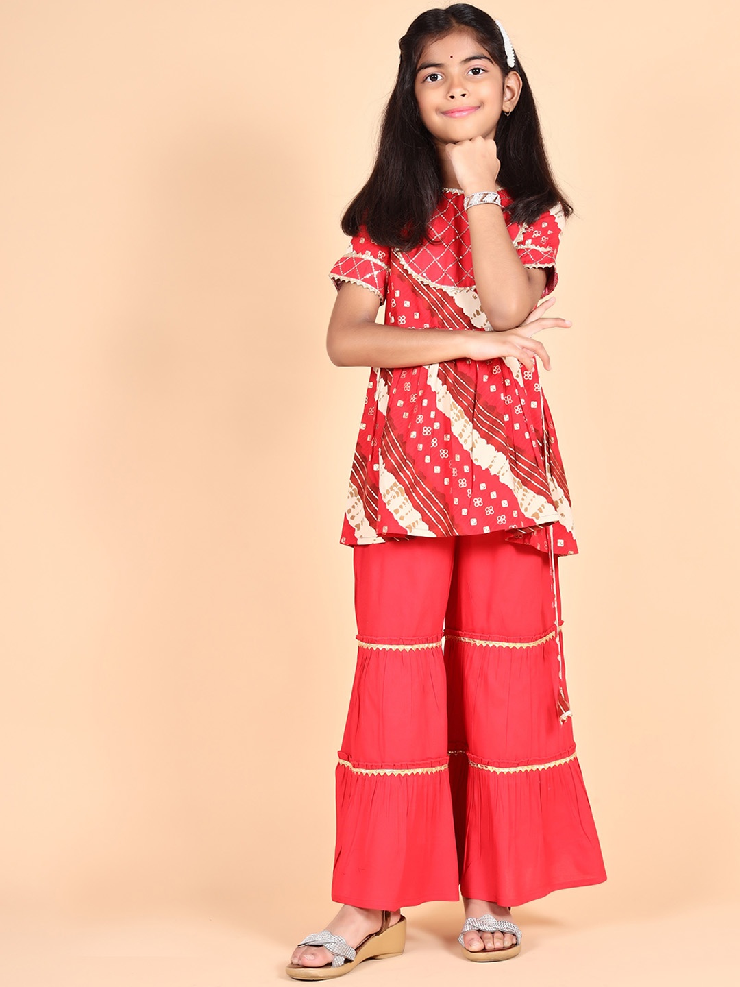

BAESD Girls Ethnic Motifs Printed Gotta Patti Kurta With Sharara, Red