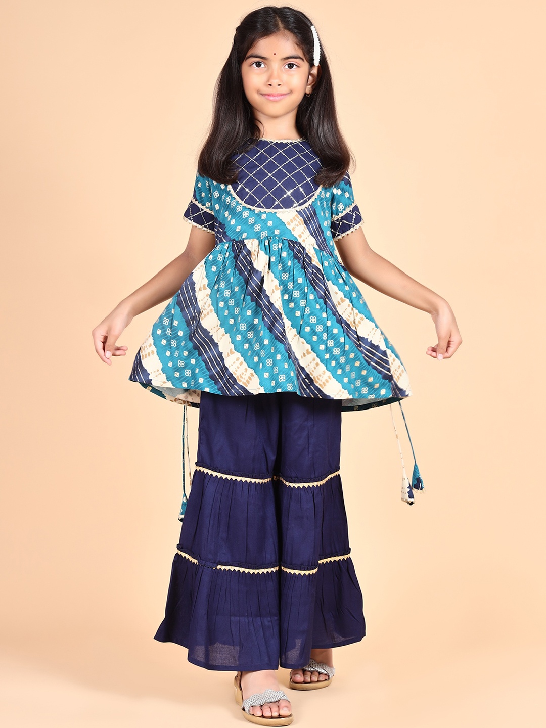 

BAESD Girls Ethnic Motifs Printed Gotta Patti Kurta With Sharara, Blue