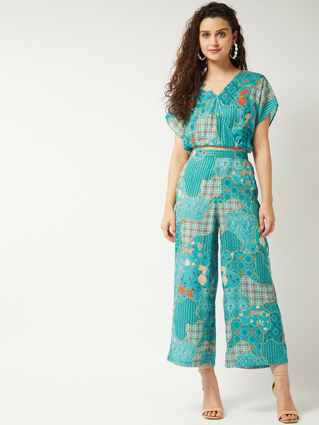 

Zima Leto Printed Crop Top With Culottes Co-Ords, Green