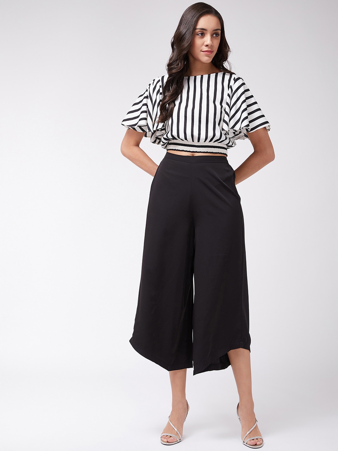 

Zima Leto Striped Flared Sleeves Crop Top & Trouser Co-Ords, Black