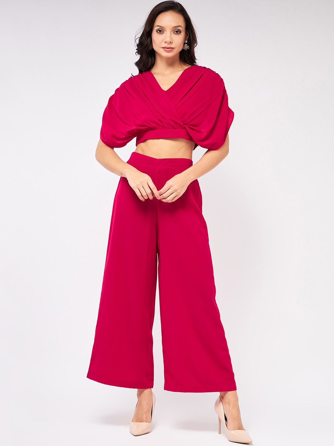

Zima Leto Pleated Crop Top With Wide Leg Trouser Co-Ords, Pink