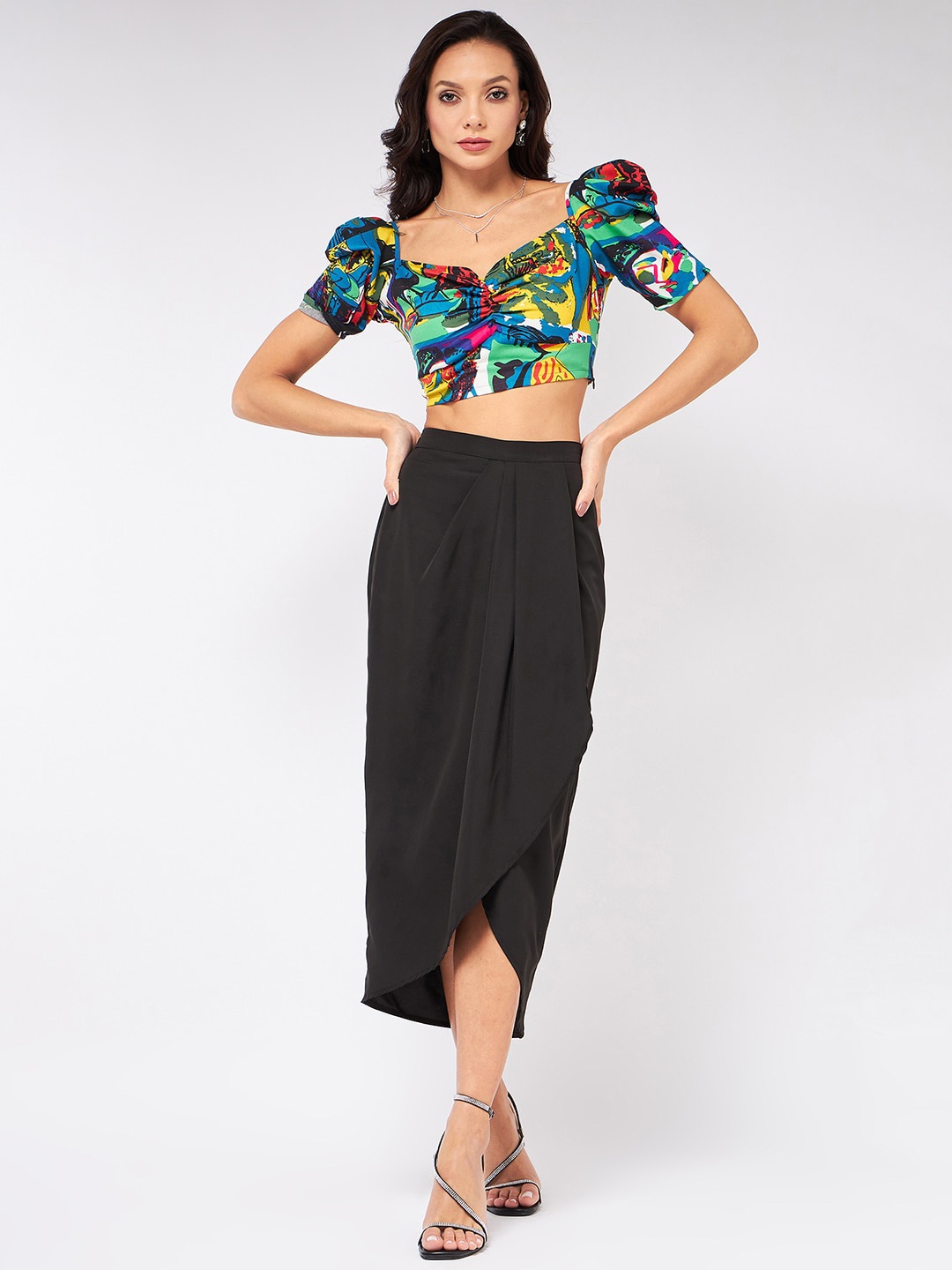 

Zima Leto Abstract Printed Crop Top With Dhoti Skirt Co-Ords Set, Blue