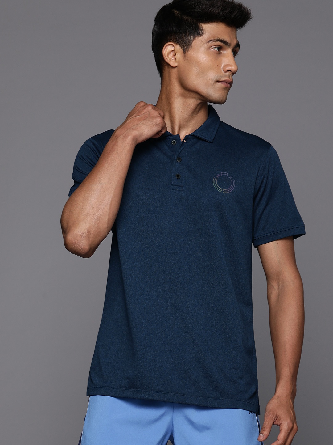 

HRX by Hrithik Roshan Men Brand Logo Printed Polo Collar Rapid Dry T-shirt, Navy blue