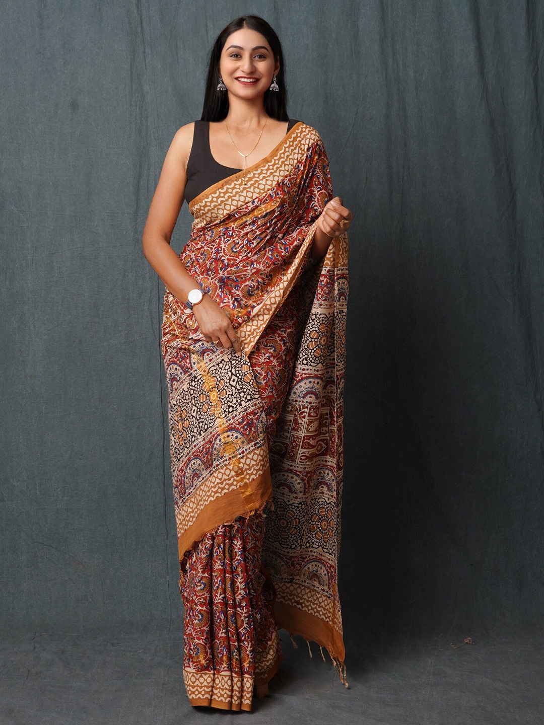 

Unnati Silks Zari Handloom Bagru Saree, Red