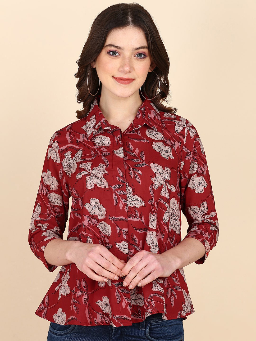 

Maaesa Relaxed Floral Printed Opaque Cotton Casual Shirt, Red