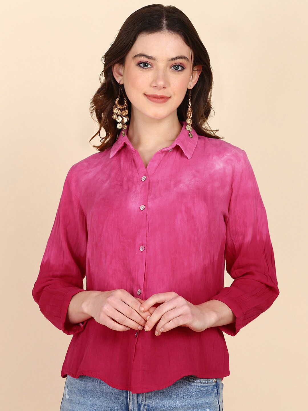 

Maaesa Relaxed Tie & Dye Opaque Casual Shirt, Fuchsia